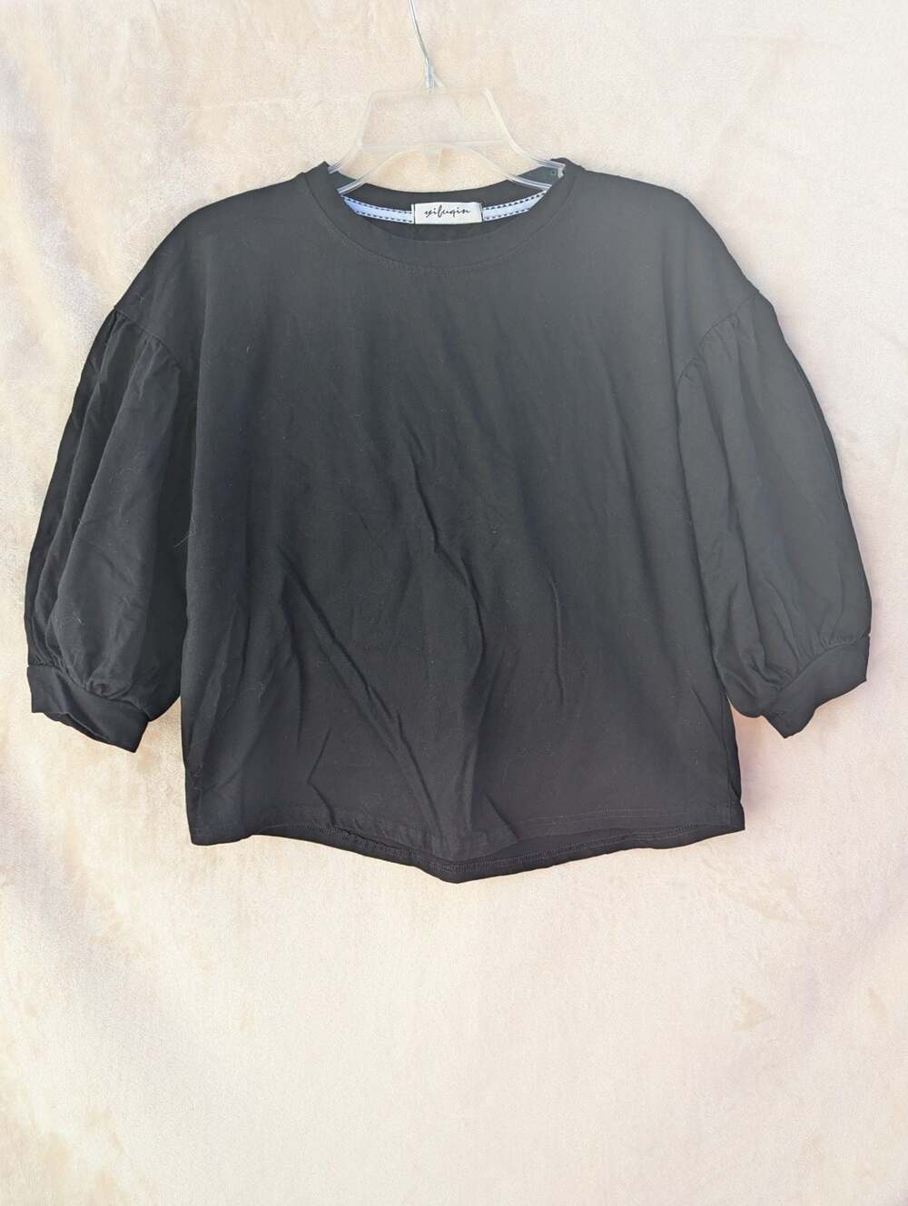 Yifugin Women's Black 3/4 Puff Sleeve Round Neck Casual Top Blouse Size S